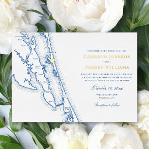 Corolla NC Map OBX Wedding Navy and Gold  Foil Invitation
