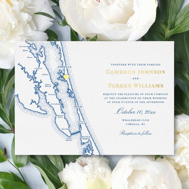 Corolla NC Map OBX Wedding Navy and Gold  Foil Invitation (Corolla NC Map Wedding invitation with Elegant Gold Foil navy blue Outer Banks Coastal Map Designs)