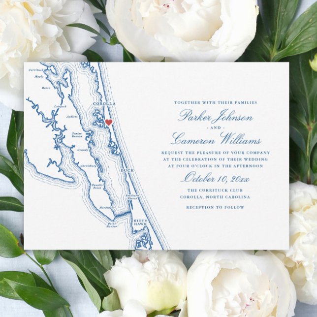 Corolla NC OBX Map Elegant Navy Blue Wedding Invitation (Corolla NC Map Outer Banks Wedding Invitation in Elegant Navy Blue by Coastal Map Designs)