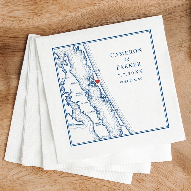 Corolla NC Outer Banks Map Navy Elegant Wedding Napkins (Corolla NC Map Wedding Cocktail Napkins Outer Banks in Elegant Navy Blue by Coastal Map Desi)