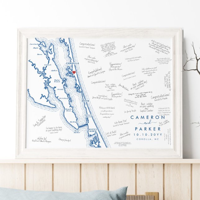 Corolla NC Wedding Modern Guest Book Poster (Corolla NC Map Modern Wedding Guest Book Poster with Navy Blue OBX Map by Coastal Map Designs)
