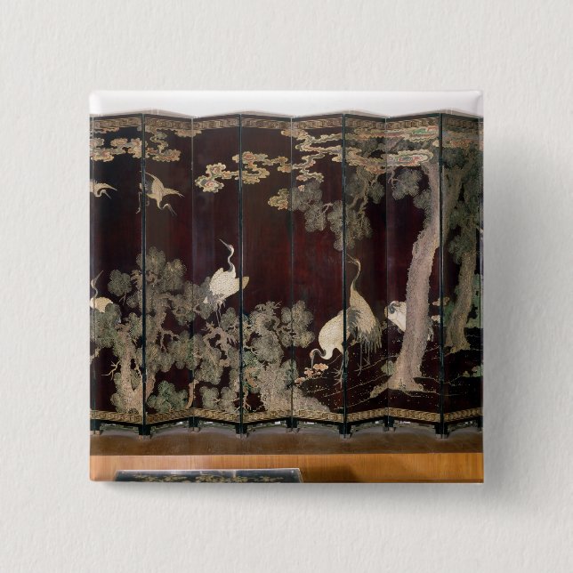 Coromandel screen depicting cranes pinback button (Front)