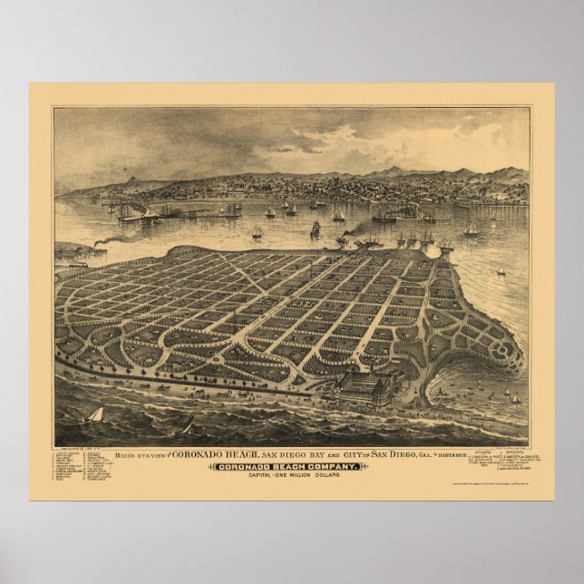 Coronado Beach, CA Panoramic Map - 1880s Poster (Front)