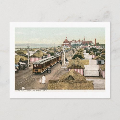 Coronado Beach CA Tent City  Trolley Vintage Postcard