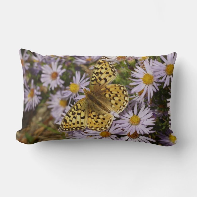 Coronis Fritillary on Aster Flowers at Grand Teton Lumbar Pillow (Front)