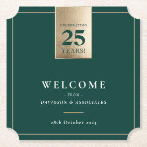 CORPORATE ANNIVERSARY business white green gold Paper Coaster