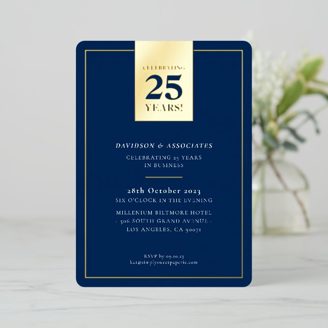 CORPORATE ANNIVERSARY stylish business navy gold Foil Invitation (Standing Front)