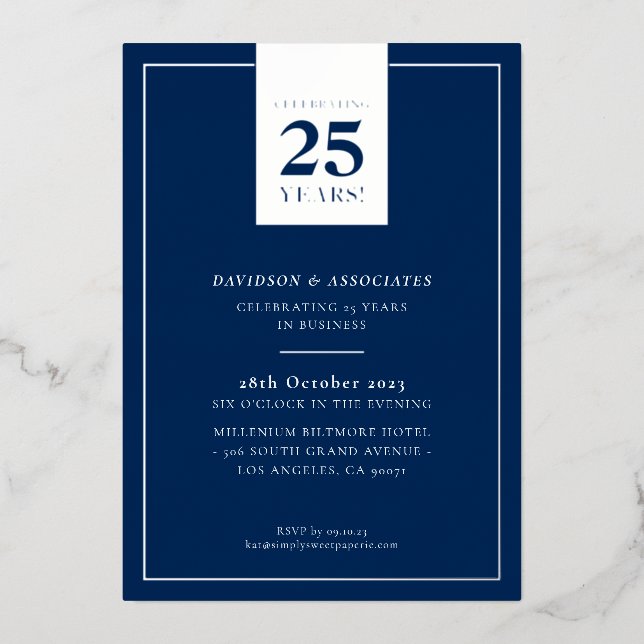 CORPORATE ANNIVERSARY stylish business navy silver Foil Invitation (Front)