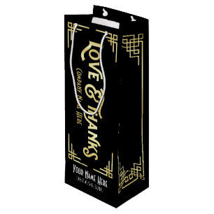 Corporate Art Deco Love & Thanks Gold Black Gatsby Wine Gift Bag