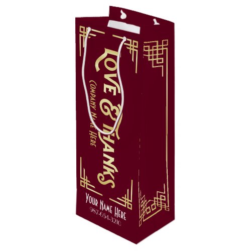 Corporate Art Deco Love  Thanks Gold Burgundy Wine Gift Bag
