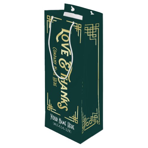 Corporate Art Deco Love  Thanks Gold Green Gatsby Wine Gift Bag