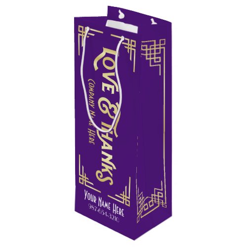 Corporate Art Deco Love  Thanks Gold Purple Wine Gift Bag