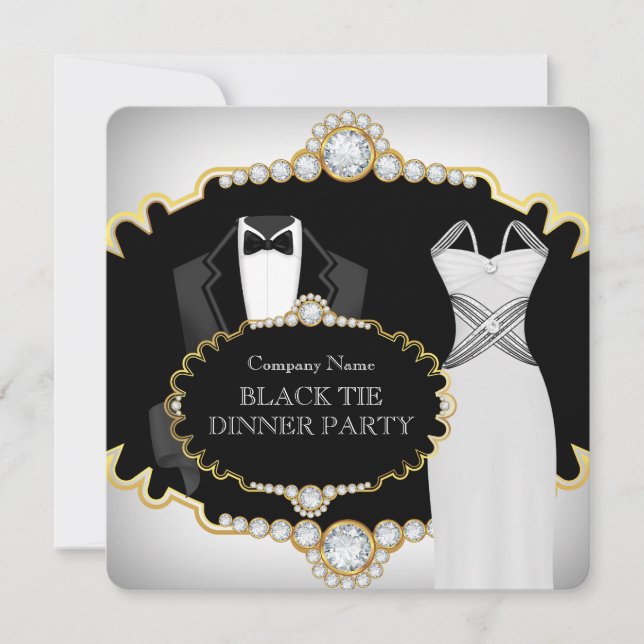 Corporate Black Tie Dinner Party White Gold Invitation (Front)
