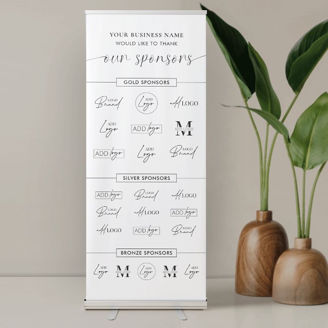 Corporate Business Event Sponsor Logos Backdrop Retractable Banner (Minimalist event sponsors logos retractable banner design in minimalist black & white style)