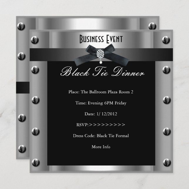 Corporate Business Formal Black Tie Silver Metal Invitation (Front/Back)