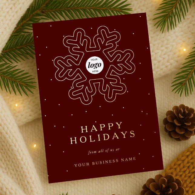 Corporate Business Logo Christmas Snowflake Red Foil Holiday Card (Christmas snowflake design corporate business logo red and gold foil holiday card)