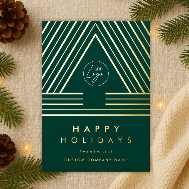 Corporate Business Logo Green Geometric Christmas Foil Holiday Card (stylish geometric green and gold foil Christmas tree corporate holiday card with your company logo)