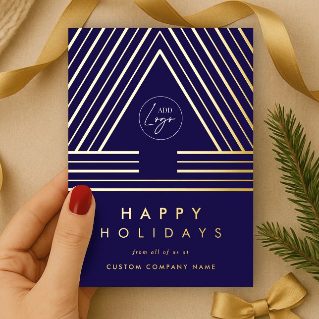 Corporate Business Logo Navy Geometric Christmas Foil Holiday Card (stylish geometric navy and gold foil Christmas tree corporate holiday card with your company logo)