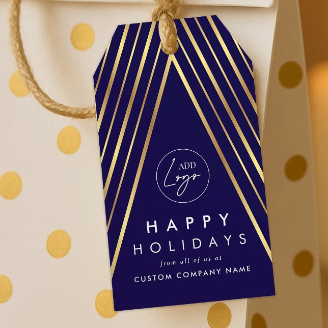 Corporate Business Logo Navy Gold Christmas Tree Gift Tags (Elegant navy blue and gold Christmas tree holiday gift tags with your custom logo)