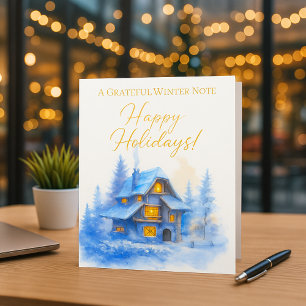 Corporate Business Winter Watercolor Cottage Foil Holiday Card