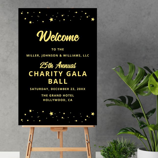 Corporate Celebration Charity Event Welcome Sign (Corporate Celebration Charity Fundraiser Event Black and Gold Welcome Sign with Gold Stars.)