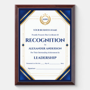 Corporate certificate blue gold year end employee award plaque