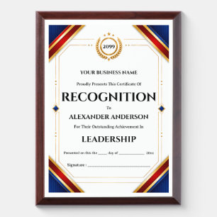 Corporate certificate red blue year end employee award plaque