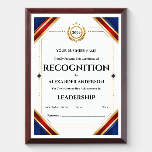 Corporate certificate red blue year end employee award plaque