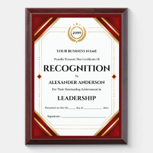 Corporate certificate red gold year end employee award plaque