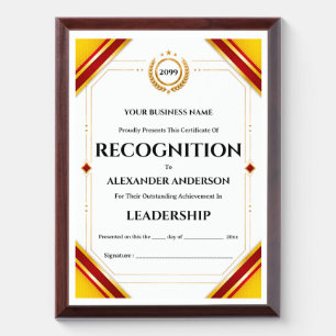Corporate certificate yellow red year end employee award plaque