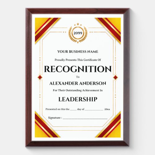 Corporate certificate yellow red year end employee award plaque