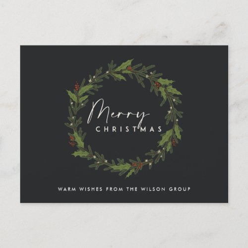 CORPORATE CHIC BLACK HOLLY BERRY WREATH CHRISTMAS HOLIDAY POSTCARD