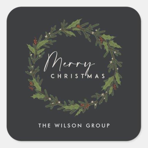 CORPORATE CHIC BLACK HOLLY BERRY WREATH CHRISTMAS SQUARE STICKER