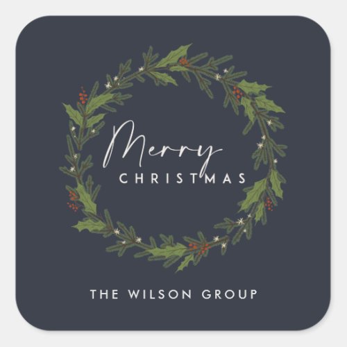 CORPORATE CHIC NAVY HOLLY BERRY WREATH CHRISTMAS SQUARE STICKER