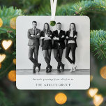 Corporate Christmas | Black and White Business Metal Ornament<br><div class="desc">A stylish modern corporate business holiday black and white team photo ceramic ornament with traditional typography. The greeting and company name can be easily customized to suit your own business. A sleek, elegant and professional design to stand out this holiday season! The image shown is for illustration purposes only to...</div>