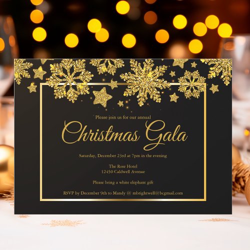 Corporate Christmas Gala Chic Black Gold Snowflake Invitation