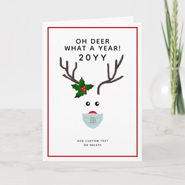 Corporate Christmas Logo Face Mask Reindeer Name Holiday Card (Front)