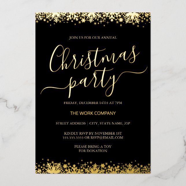 Corporate Christmas Party Black Gold Snowflake Foil Invitation (Front)