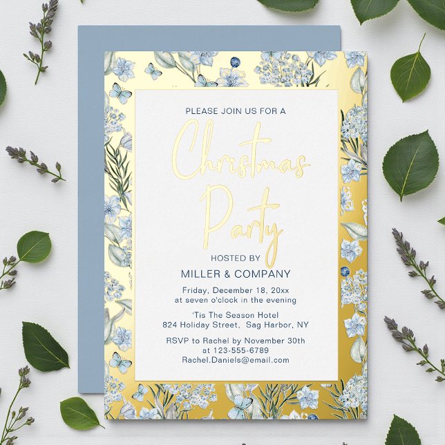 Corporate Christmas Party Blue Butterfly Floral Foil Invitation (Creator Uploaded)