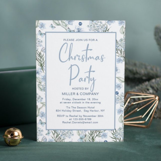 Corporate Christmas Party Blue Butterfly Floral Invitation (Creator Uploaded)