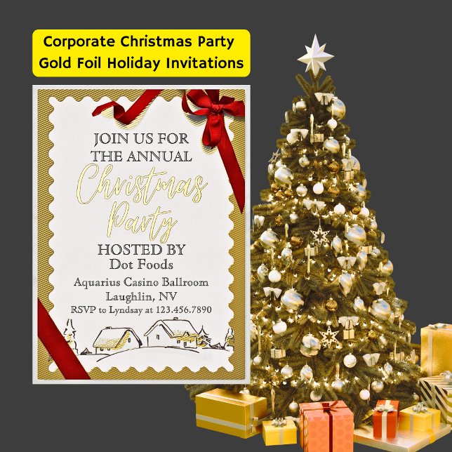 Corporate Christmas Party Gold Foil Invitations (Christmas Company Gold Ribbon Christmas Party Foil Holiday Card)
