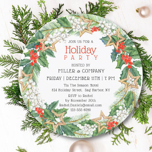 Corporate Christmas Party Holly Star Wreath Invitation