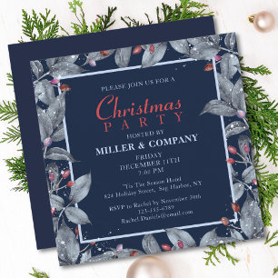 Corporate Christmas Party Navy Red Berry Florals Invitation