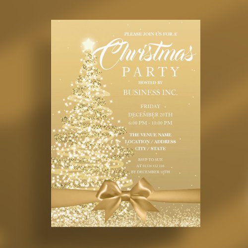 CORPORATE Christmas Tree Ribbon Gold Party Invitation