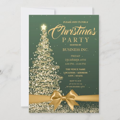 CORPORATE Christmas Tree Ribbon Green Gold Party Invitation