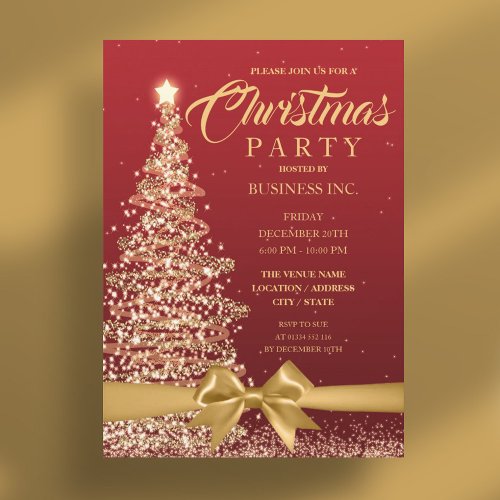 CORPORATE Christmas Tree Ribbon Red Gold Party Invitation