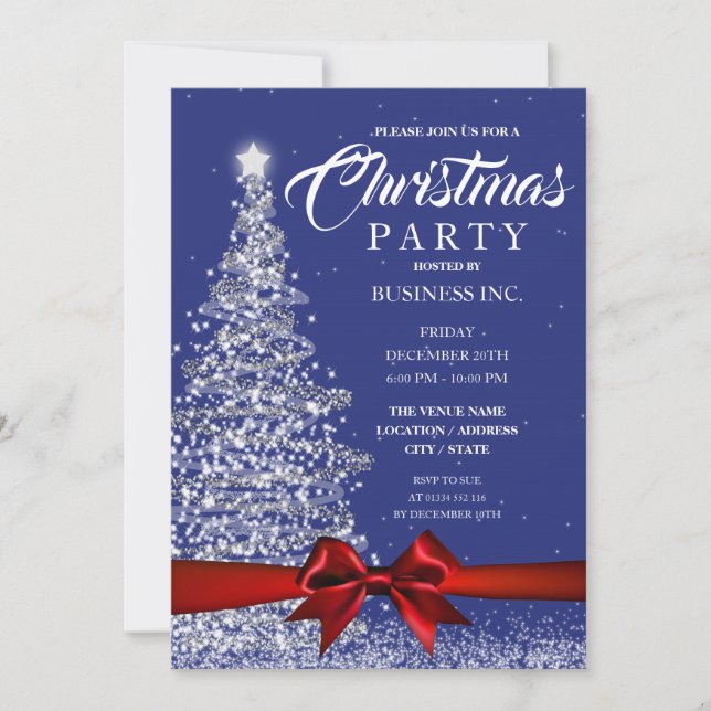 CORPORATE Christmas Tree Ribbon Red Navy Party Invitation (Front)