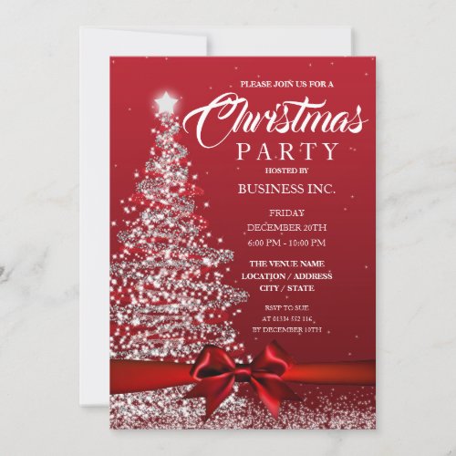 CORPORATE Christmas Tree Ribbon Red Party Invitation