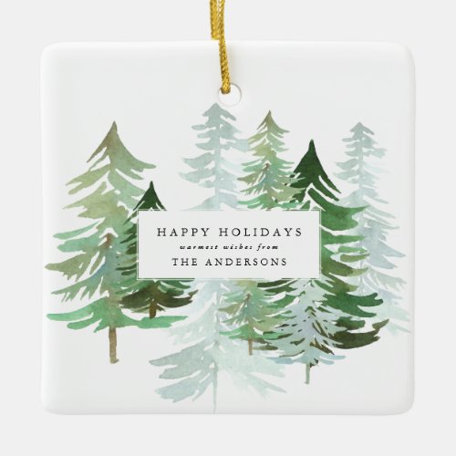 Corporate Christmas watercolor forest photo Ceramic Ornament