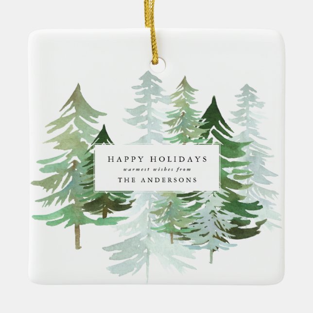 Corporate Christmas watercolor forest photo Ceramic Ornament (Front)